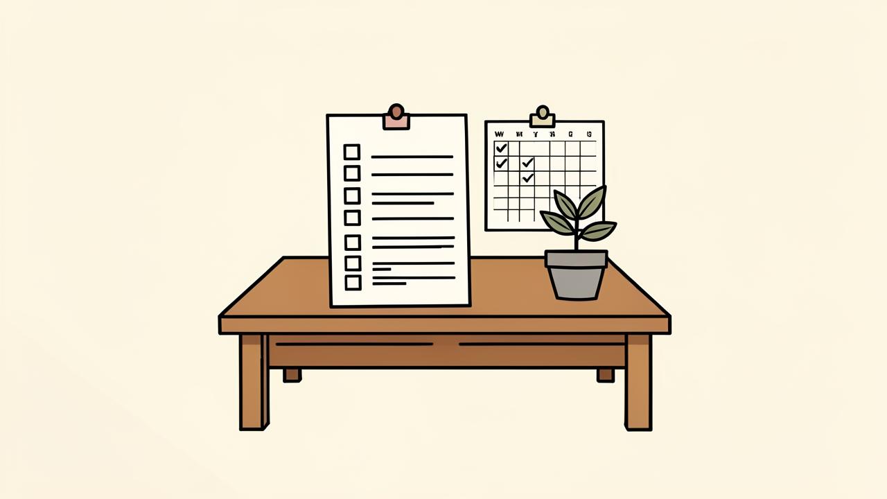 Bàn gỗ có bảng checklist và lịch tuần, chậu cây nhỏ